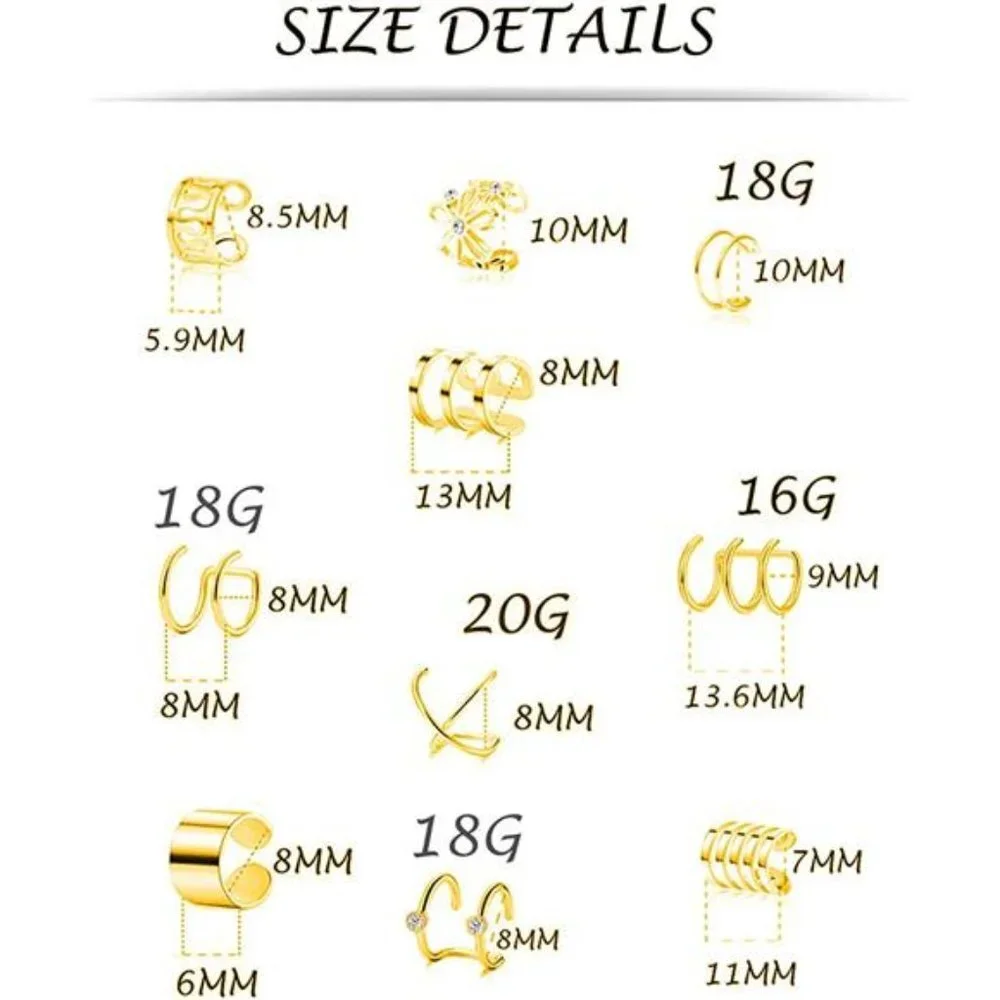 10 Pairs Stainless Steel Ear Cuff Helix Cartilage Clip On Wrap Earrings